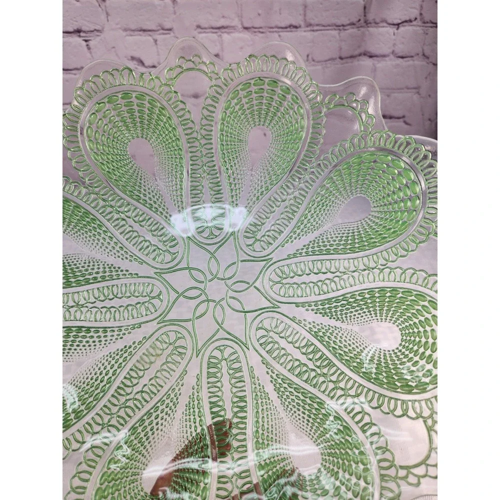 Turkish EFE Mint Green Etched Lace Glass Platter Art Hand Made Vintage
